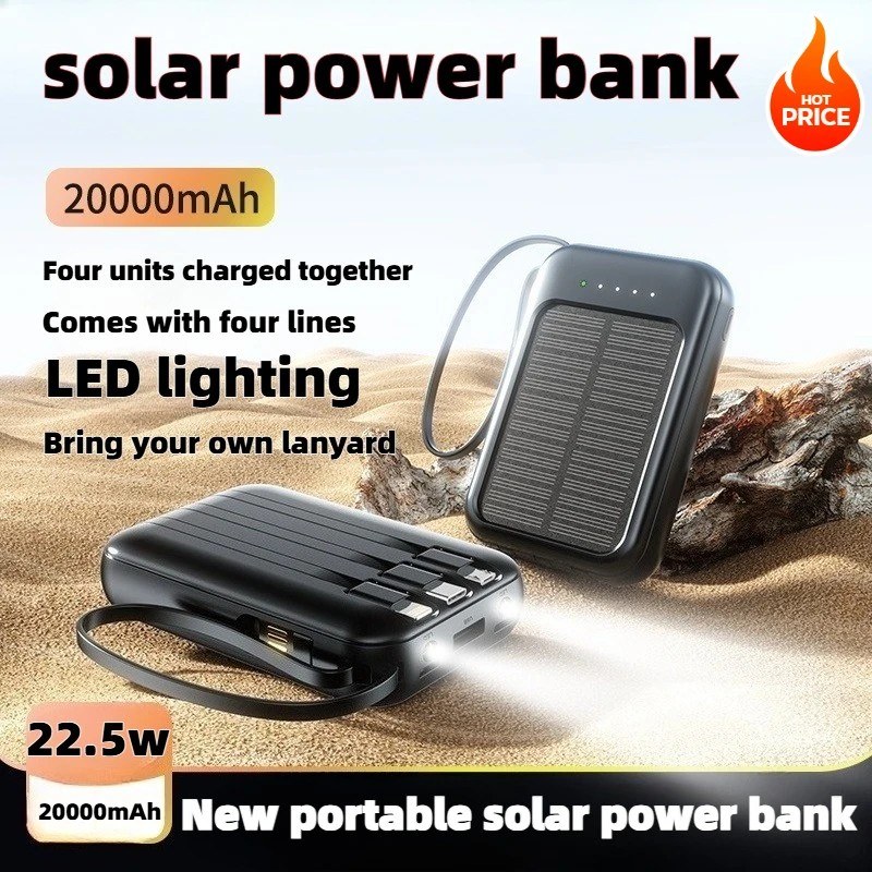  Portable Solar Power Bank 20000mAh with LED Light & Multi Cable Support-000877