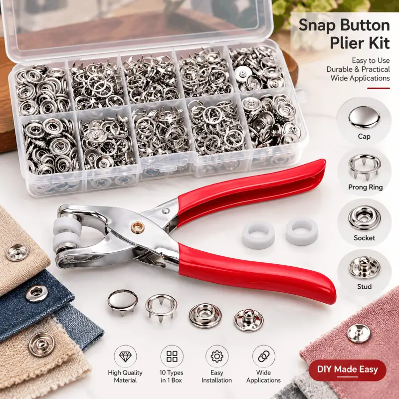 9.5mm Metal Snap Button Kit - 100Set Silver Hollow Snaps for Fabric with Fastener Pliers, Sewing Button Snaps for DIY Crafts- 001001