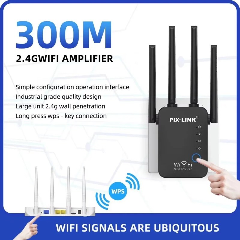 PIX-LINK 2.4G 300Mbps WiFi Signal Amplifier Wireless Router Dual Antenna Repeater-000858