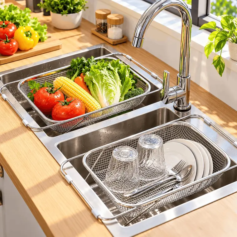 Extra Large Retractable Stainless Steel Kitchen Sink Drain Basket – Adjustable 37cm to 51.5cm_001022