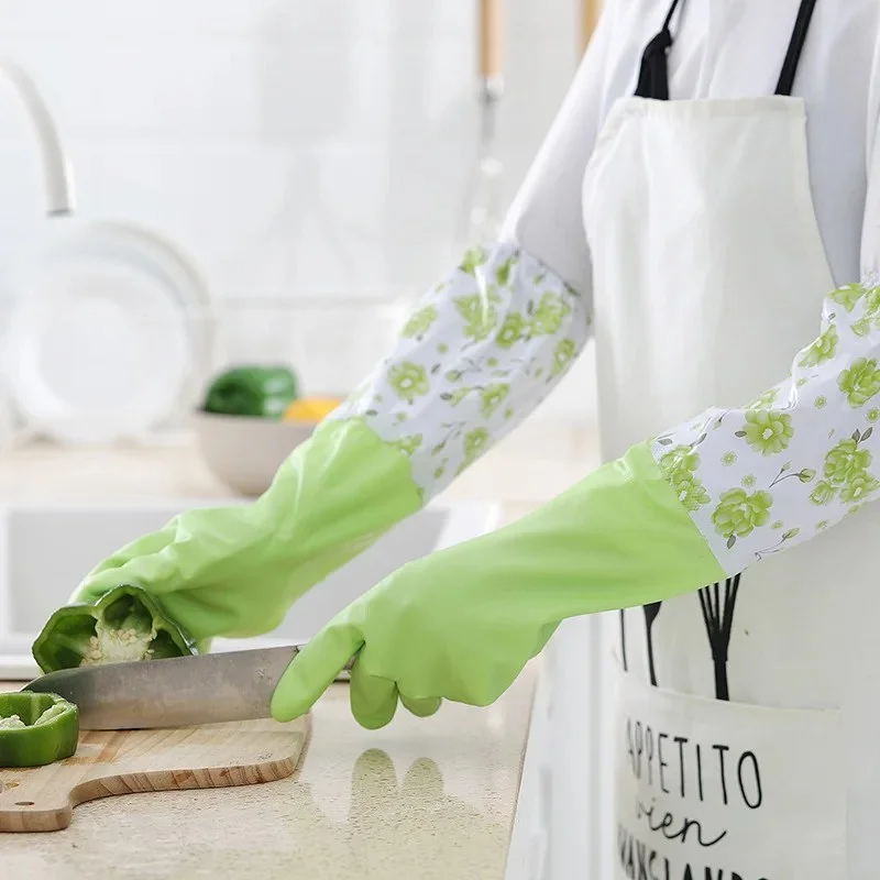 1 Pair Reusable Cleaning Gloves Kitchen Cleaning Gloves with Plush Liner Household Dishwashing Gloves Non-slip Waterproof