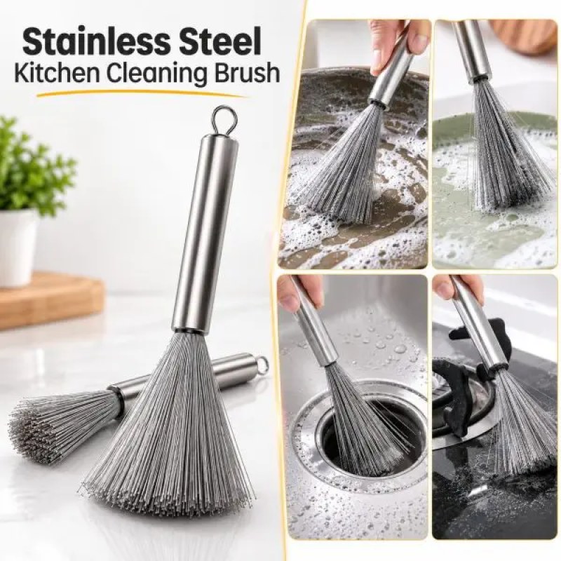 Long Handle Stainless Steel Kitchen Scrubbing Broom – Heavy Duty Pot, Pan & Sink Cleaning Brush- 000979