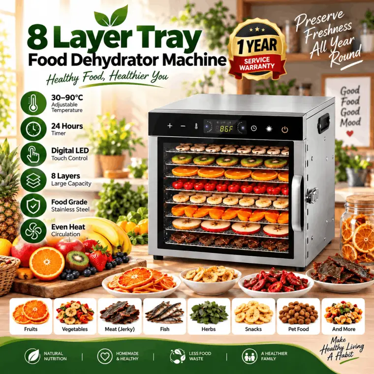 8 Layers Food Dehydrator Stainless Steel Fruit Vegetable Meat Beef Jerky Dryer Machine Snacks Dehydration Touch Panel-000998