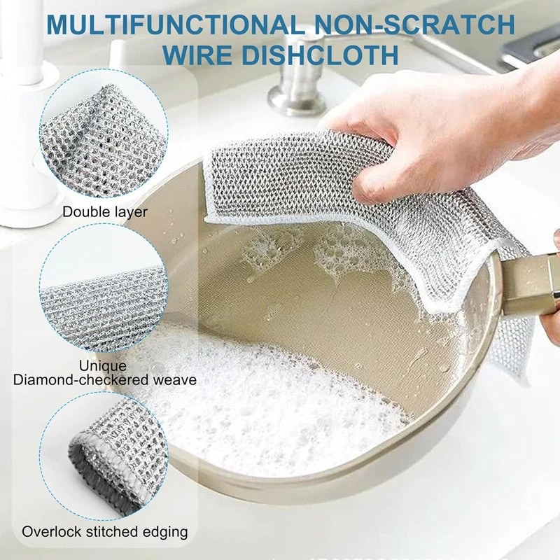 Double Layer Magic Dishwashing Towel Metal Steel Wire Cleaning Rag (10pcs)_000751