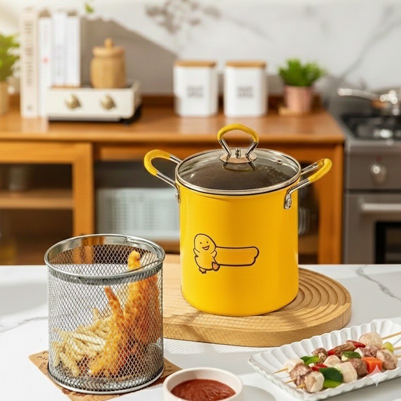 2L Multifunctional Heat-resistant Deep Fryer Strainer Basket with Anti-scalding Silicone Handle -000773