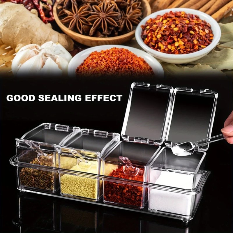 4 Grids Kitchen Transparent Seasoning Box Used For Salt Sugar And Pepper Clear Acrylic Seasoning Box with Cover and Spoon-000798