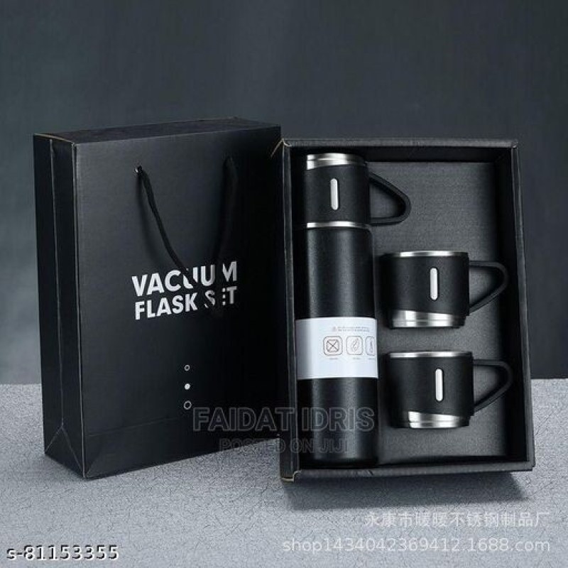 RFV1 Stainless Steel Vacuum Flask with 3 Steel Cups Combo Flask Set Keeps Liquid Cold/Hot-00012
