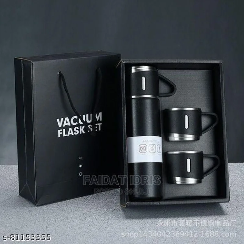 RFV1 Stainless Steel Vacuum Flask with 3 Steel Cups Combo Flask Set Keeps Liquid Cold/Hot-00012