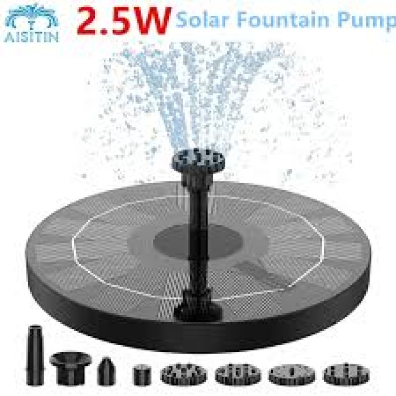 2.5W Solar Fountain Pump Solar Water Pump, AISITIN Floating Fountain with 6 Nozzles, for Bird Bath, Fish tank, Pond Indoor-000329