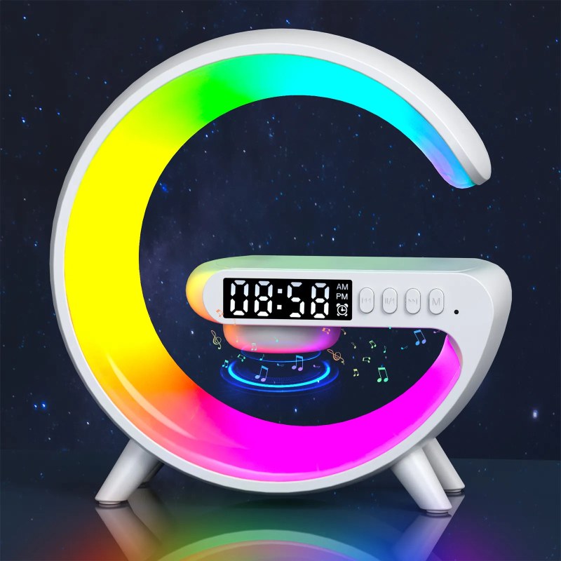  5IN1 Smart wireless Charger Table Lamp Bluetooth Speaker Alarm Clock RGB Colorful Atmosphere Lights-000186