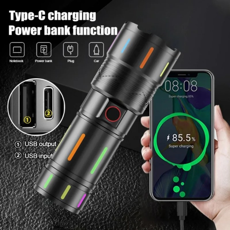  Rechargeable High Power Luminous Strips White Laser LED Flashlight with TYPE-C Charging Function -000730