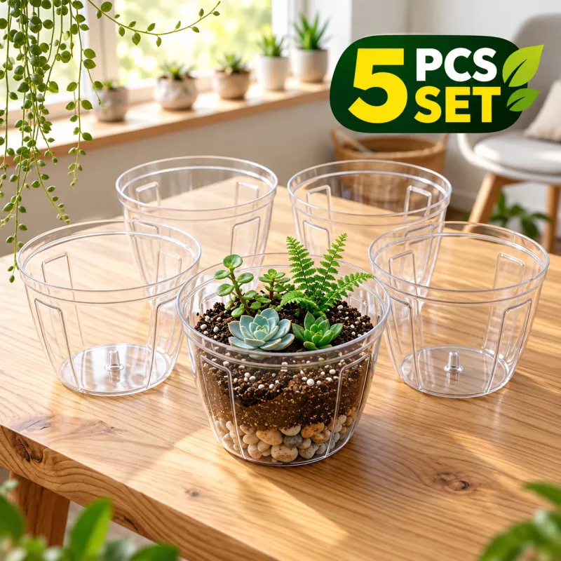 Premium 5 Inch Transparent Plant Pot – Plant-Safe, Durable & Clear Plastic Pot (5 PCS Set)