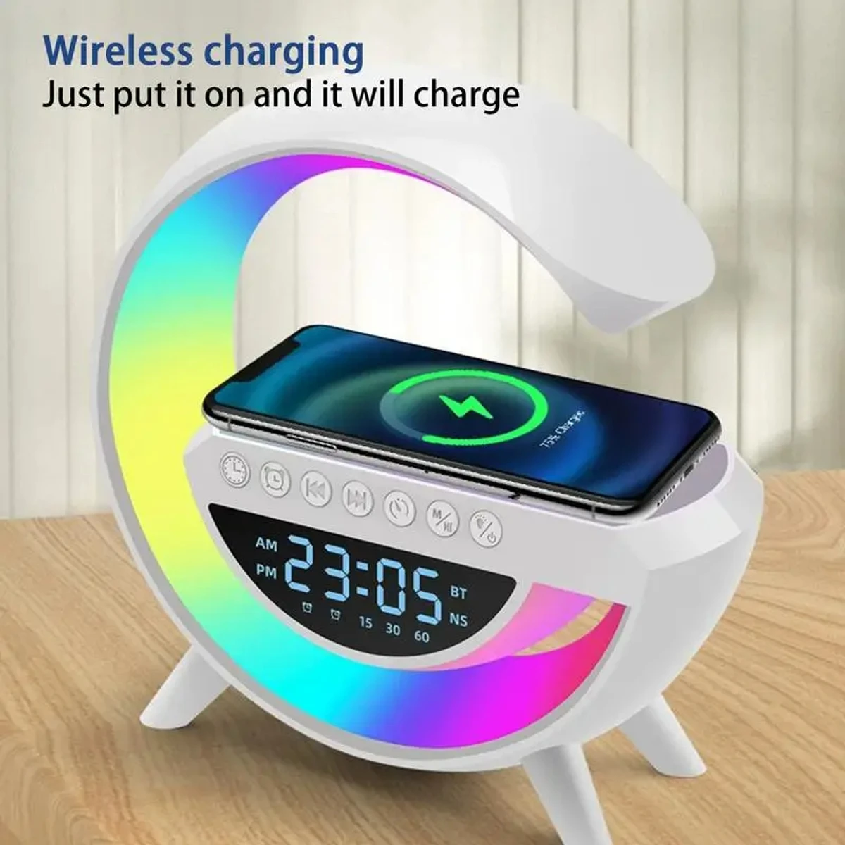 Big Size Multifunctional 5IN1 Smart wireless Charger Table Lamp Bluetooth Speaker Alarm Clock RGB Colorful Lights