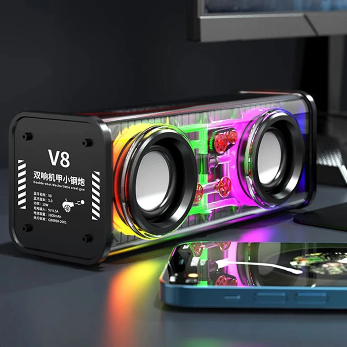 V8 Transparent RGB Light Bluetooth 5.0 Portable Wireless Speakerv8-speaker