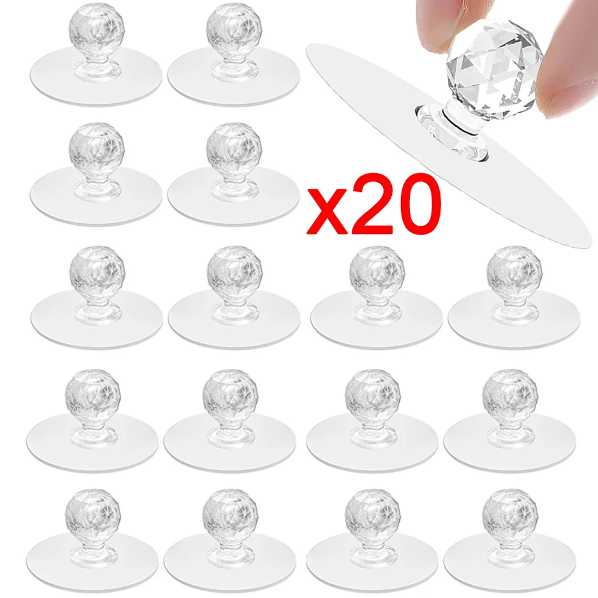 20 Pcs Transparent Crystal Drawer Handle Diamond Shape Self-Adhesive Hook
