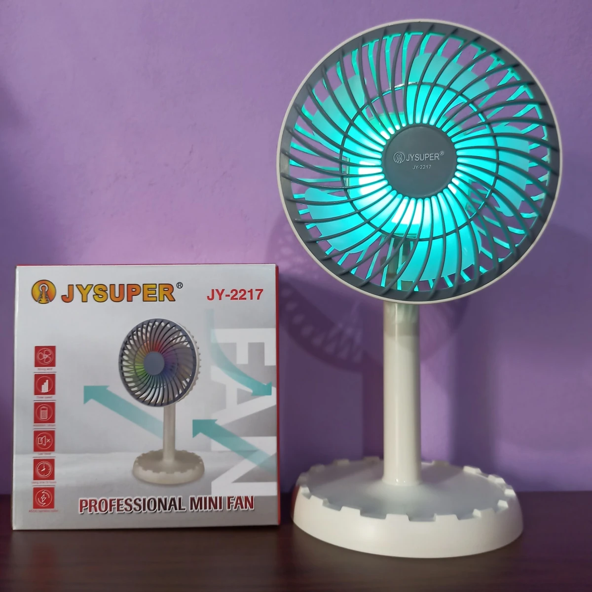 JYSuper JY-2217 Rechargeable AC/DC Stylish RGB Lighting Strong Portable Desk Fan